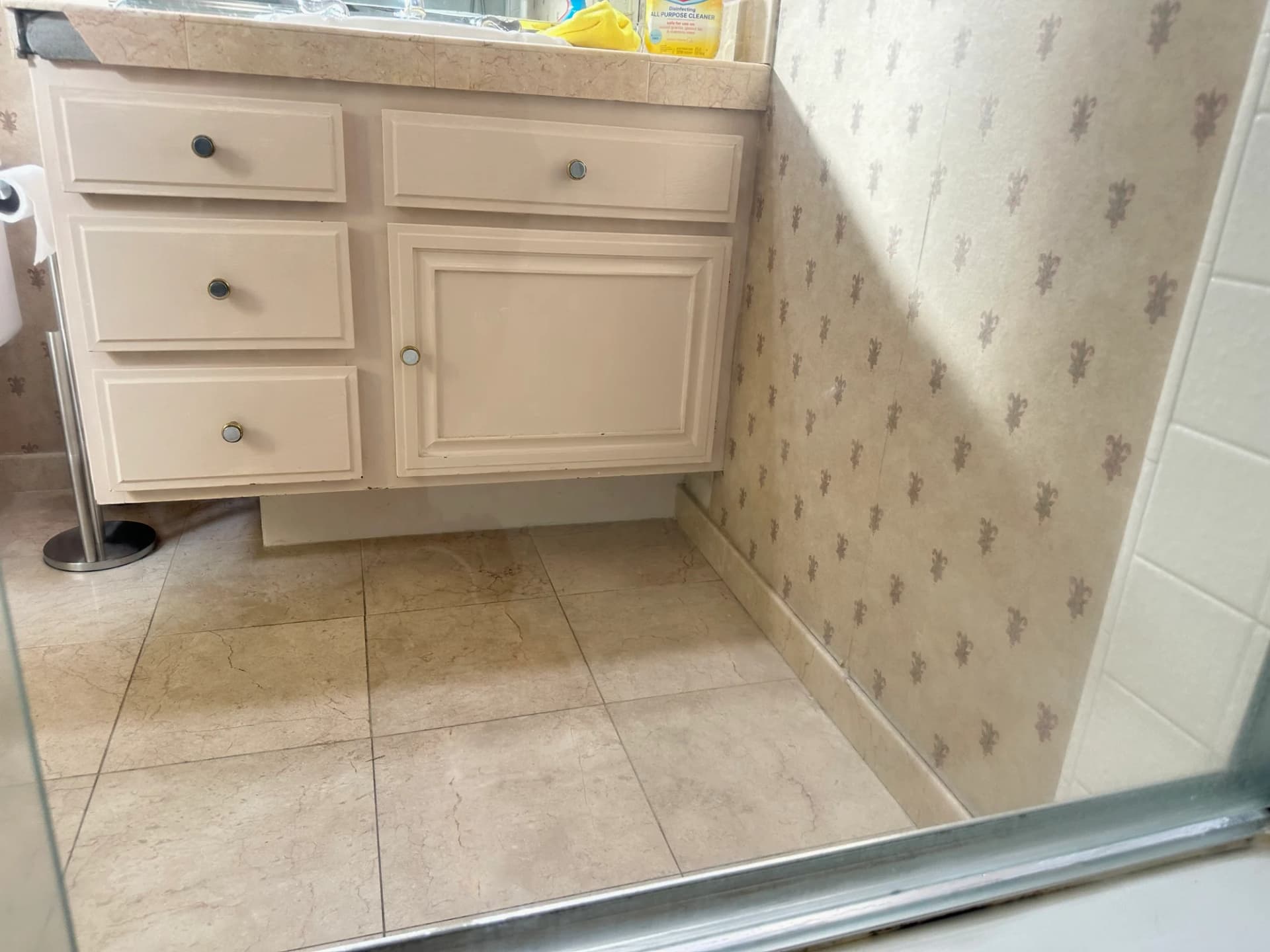 Shower glass door after LA Top Clean — crystal clear glass with vanity and tile visible
